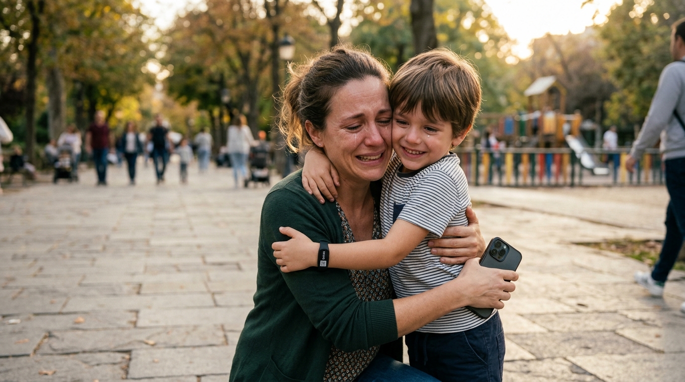 Madre abrazando a su hijo con lágrimas de alivio tras reencontrarlo gracias a Salva, sosteniendo su celular en mano mientras el niño porta la pulsera en su muñeca